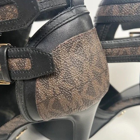 Michael Kors Women's Black Brown Logo Leather Open‑Toe Ankle Booties Size 7.5 - Picture 7 of 11